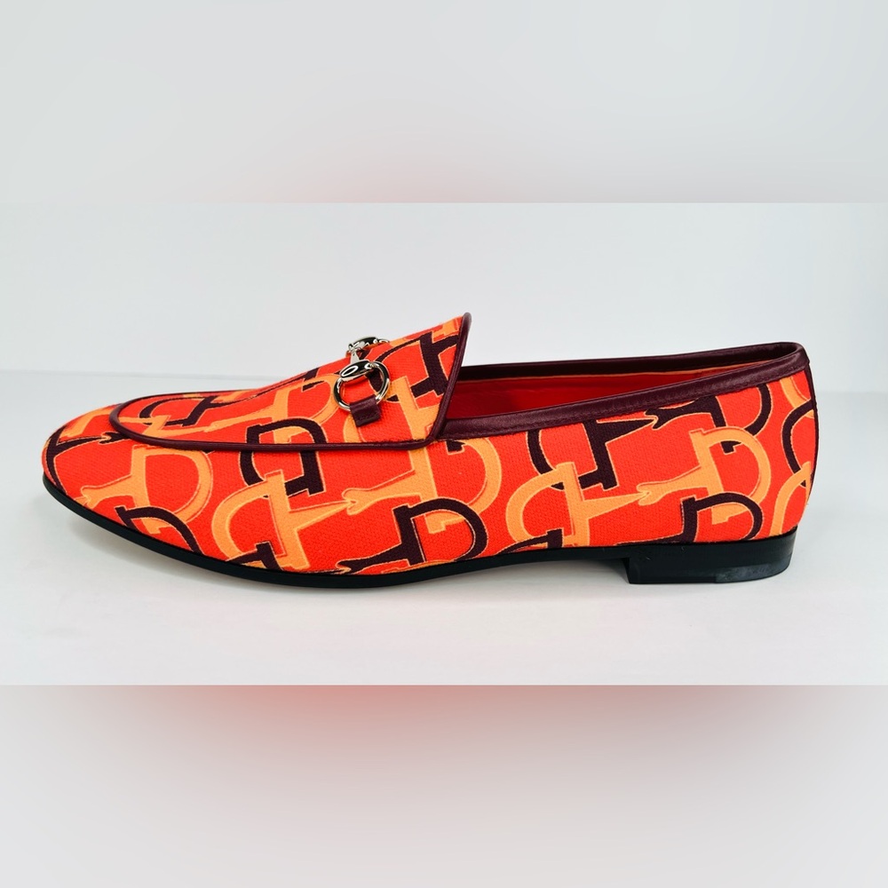 Gucci Jordaan Horsebit Logo Print Orange Fabric Flat Barbie Loafers Size EU 38